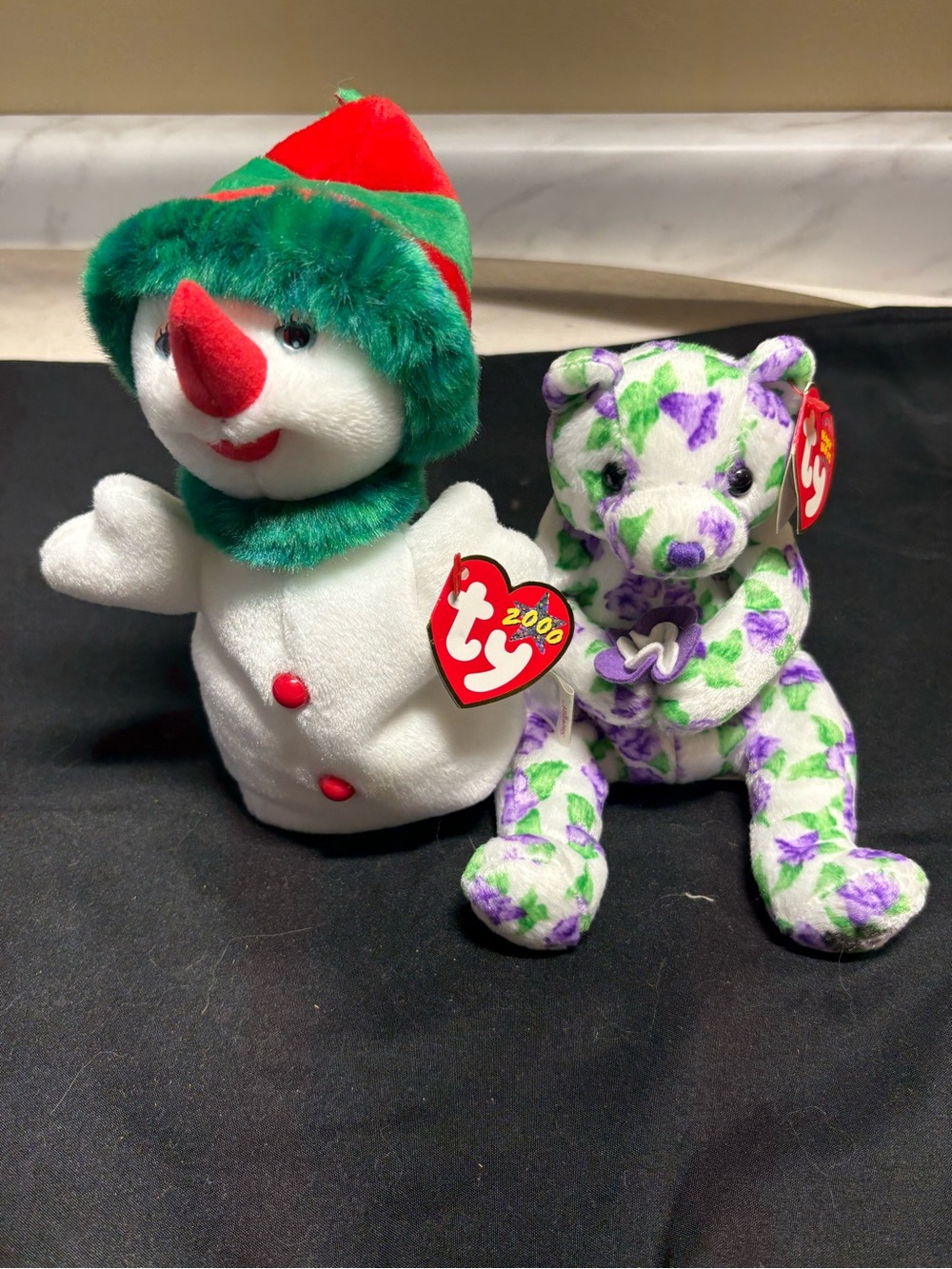 Ty Holiday Snowman and Floral Purple Bear Plush Set - White, Red, Green, Purple